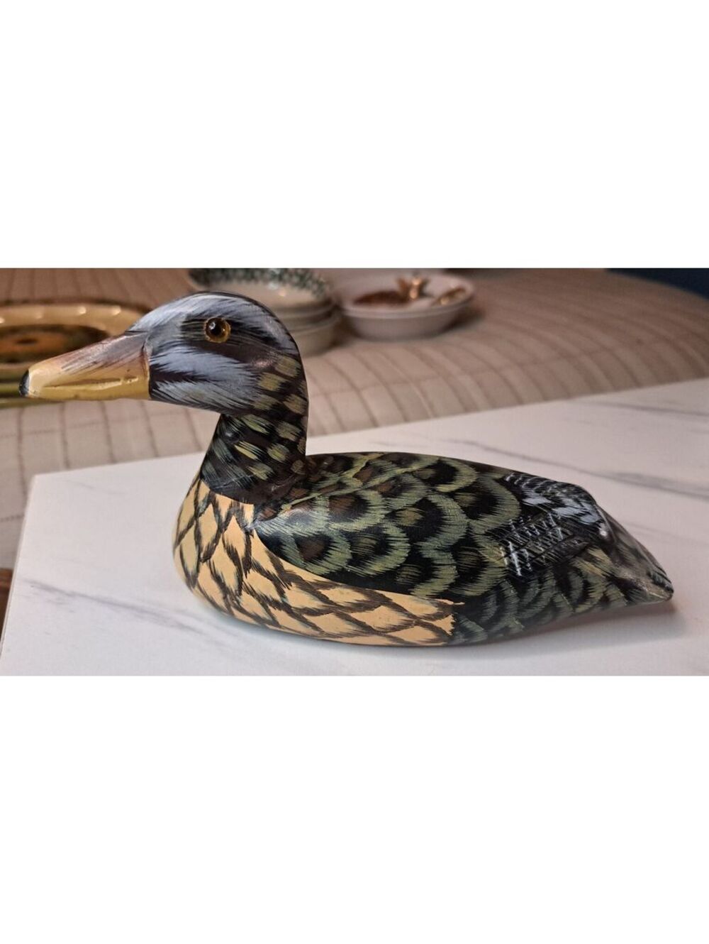 Vintage Hand-Painted Carved Folk Art Wooden Mallard Duck Figure 7"x 4"